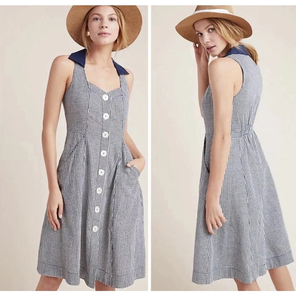 Anthropologie Camelia Collared Button Front Gingham Dress Navy Blue Size 8